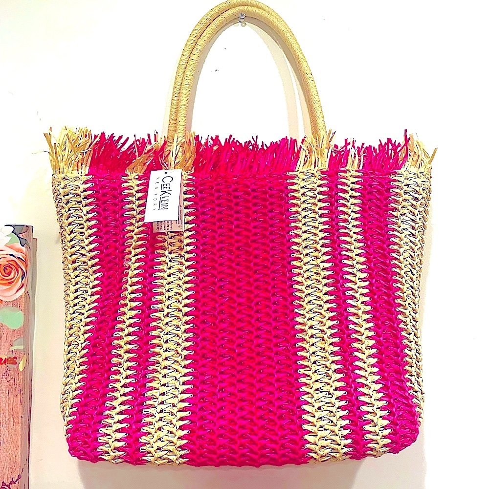 Pink Striped Straw Beach Tote Bag